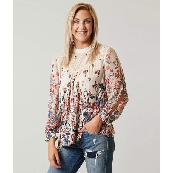 Lucky Brand High Neck Floral Long Sleeve Boho Blouse Top S - Picture 1 of 9